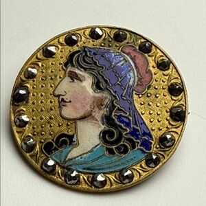 Antique French enamel marcasite Gold Blue Cameo Brooch unusual reverse pin ⭐️